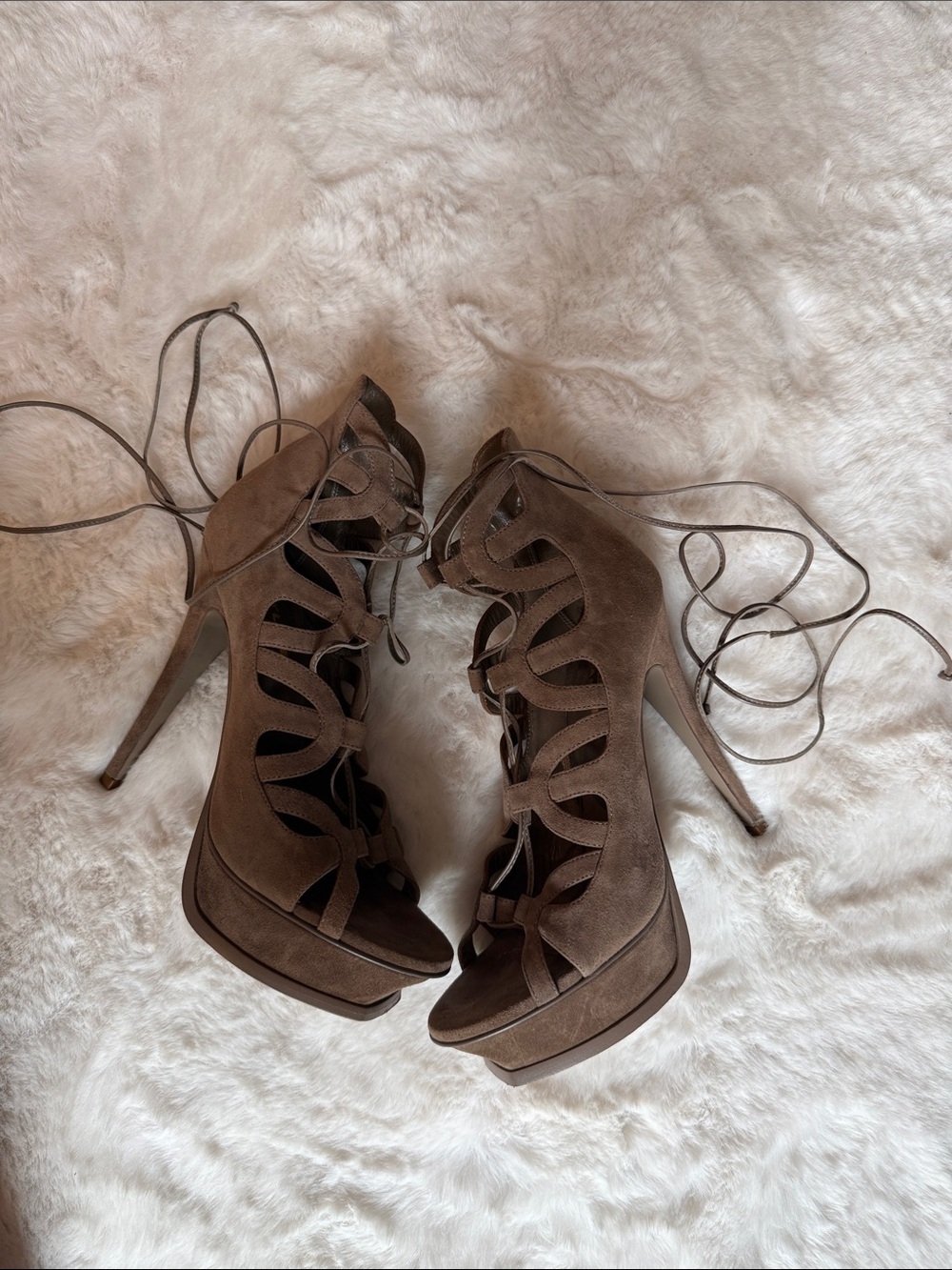 Saint Laurent Taupe Suede Lace-Up Cutout Stiletto Heels - Picture 6 of 6